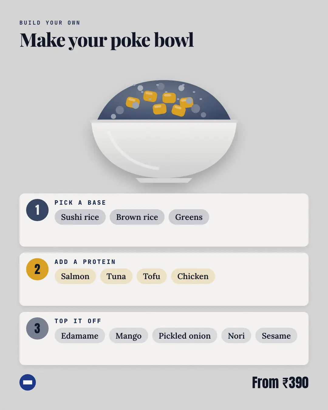 Sample Make-your-own bowl creative (Menus & dishes template), shown on the fictional brand Poke Pebble