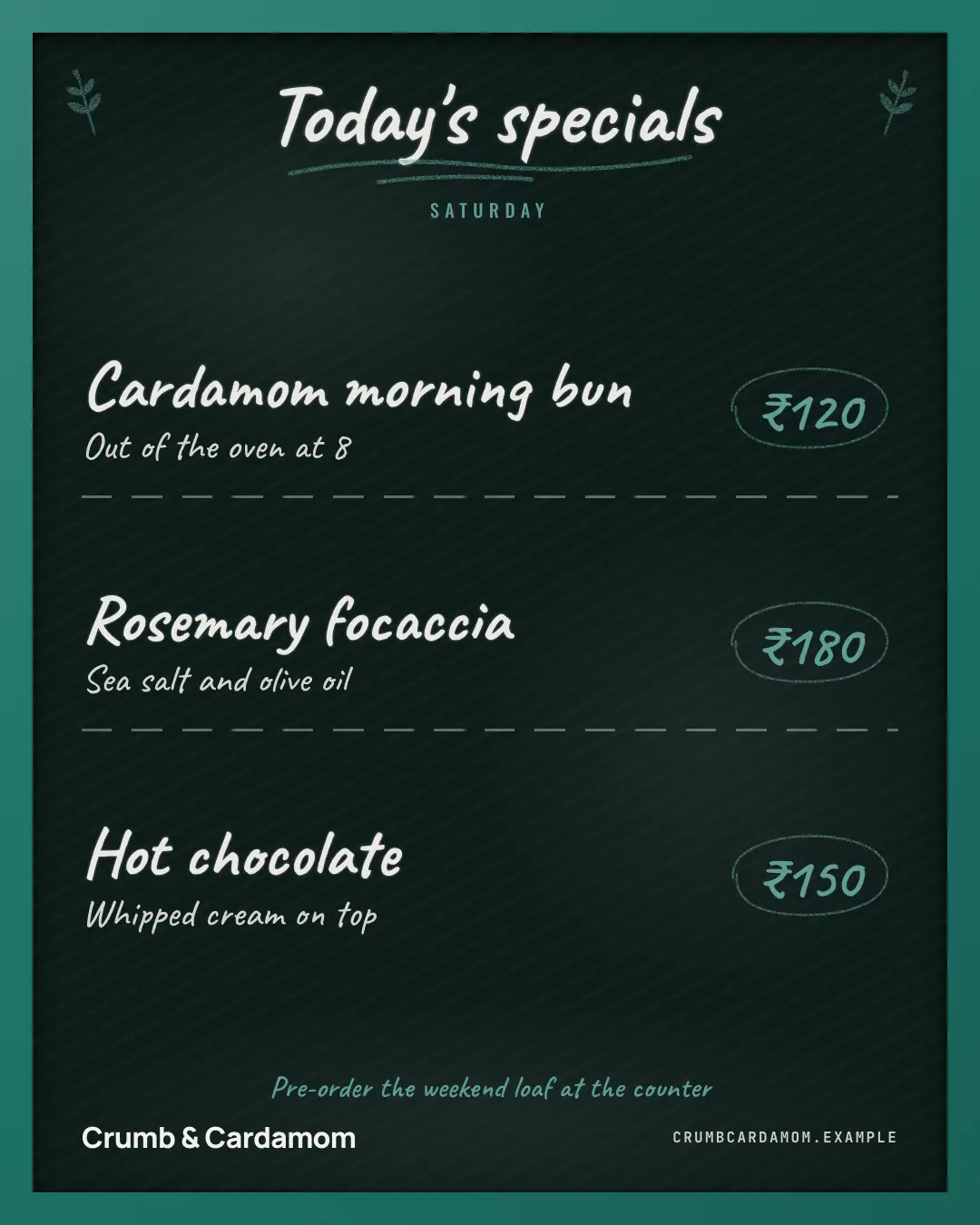 Sample Today's specials blackboard creative (Menus & dishes template), shown on the fictional brand Crumb & Cardamom