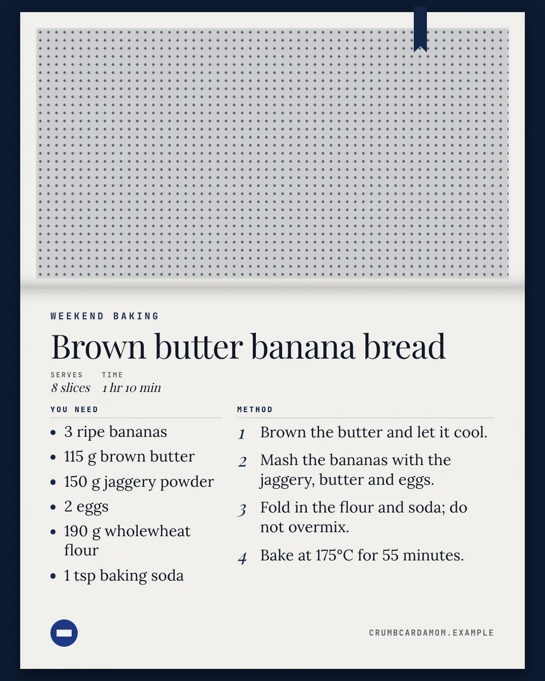 Sample Cookbook page creative (Menus & dishes template), shown on the fictional brand Crumb & Cardamom