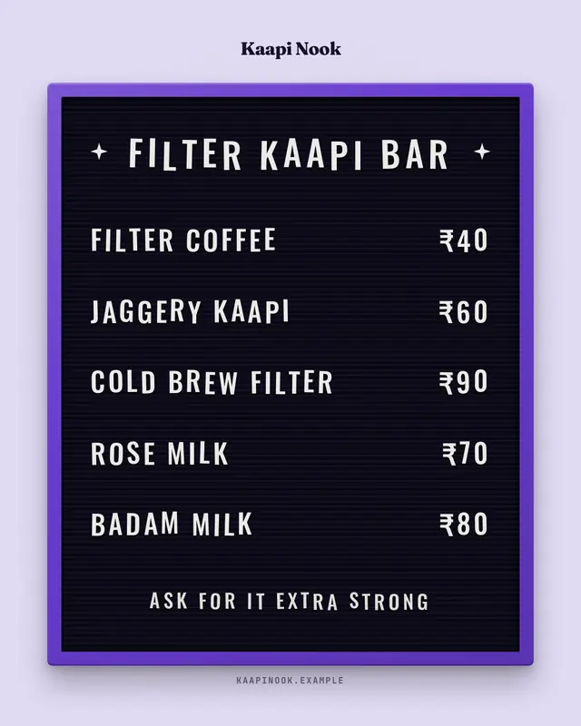Letterboard menu — sample creative