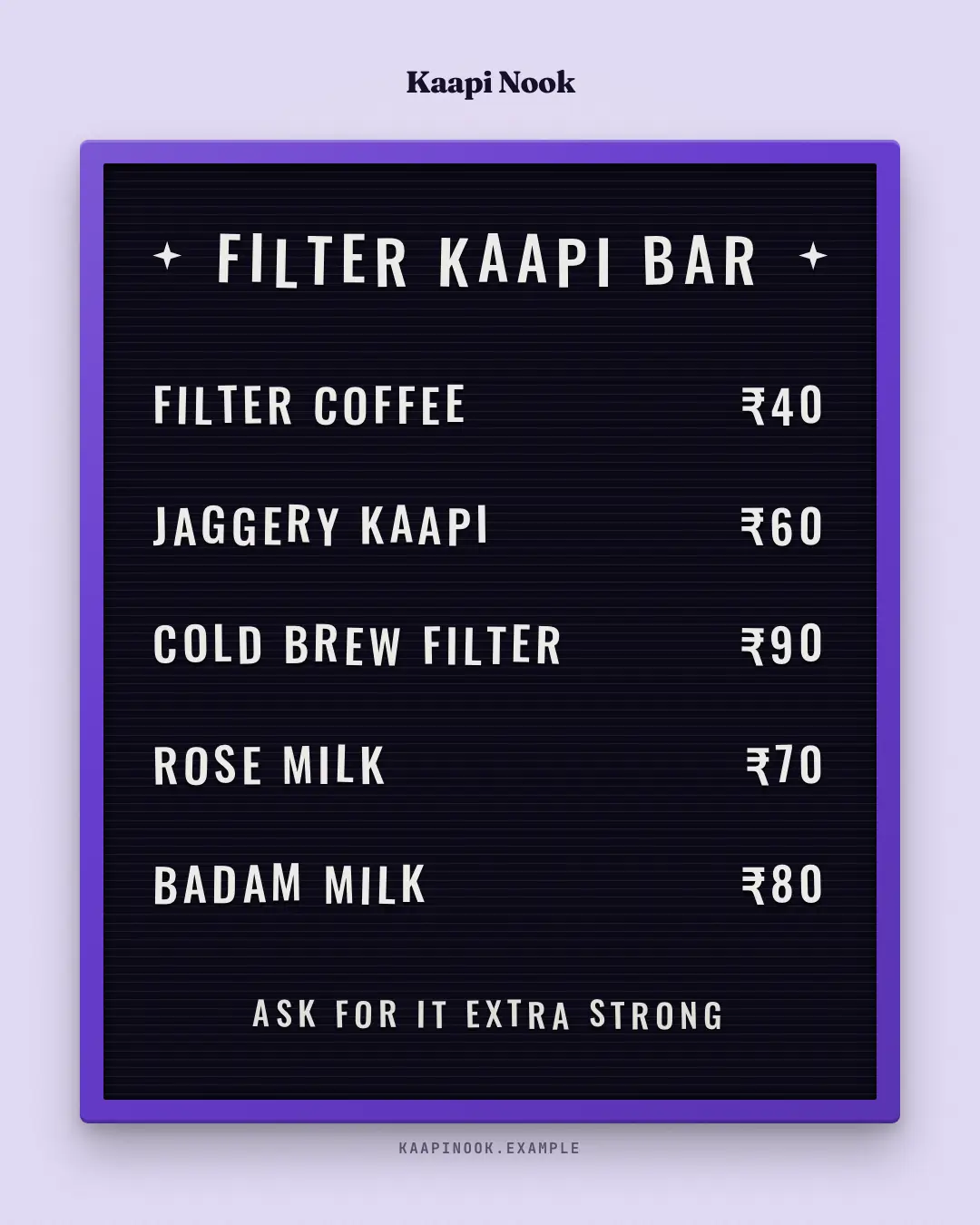 Sample Letterboard menu creative (Menus & dishes template), shown on the fictional brand Kaapi Nook