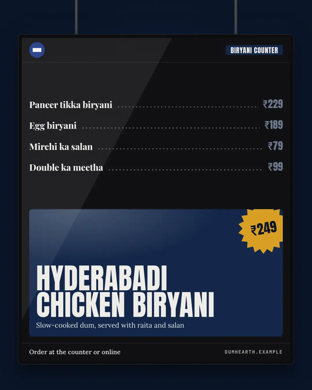 Sample Backlit menu board creative (Menus & dishes template), shown on the fictional brand Dum Hearth