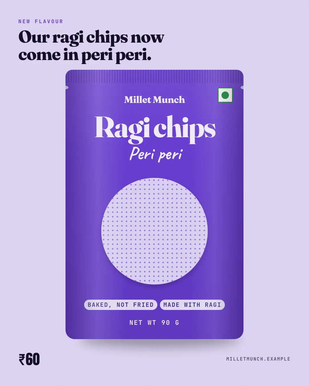 Sample Pack front creative (Menus & dishes template), shown on the fictional brand Millet Munch