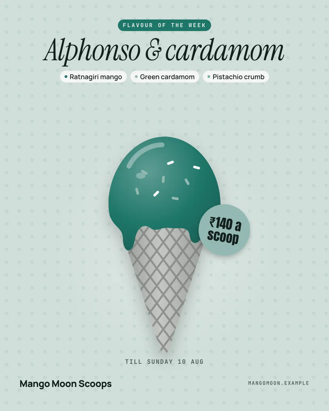 Sample Waffle-cone flavour card creative (Menus & dishes template), shown on the fictional brand Mango Moon Scoops