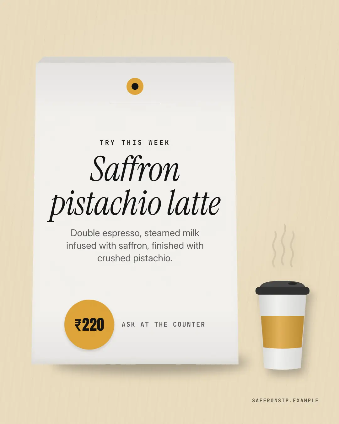 Sample Table tent card creative (Menus & dishes template), shown on the fictional brand Saffron Sip