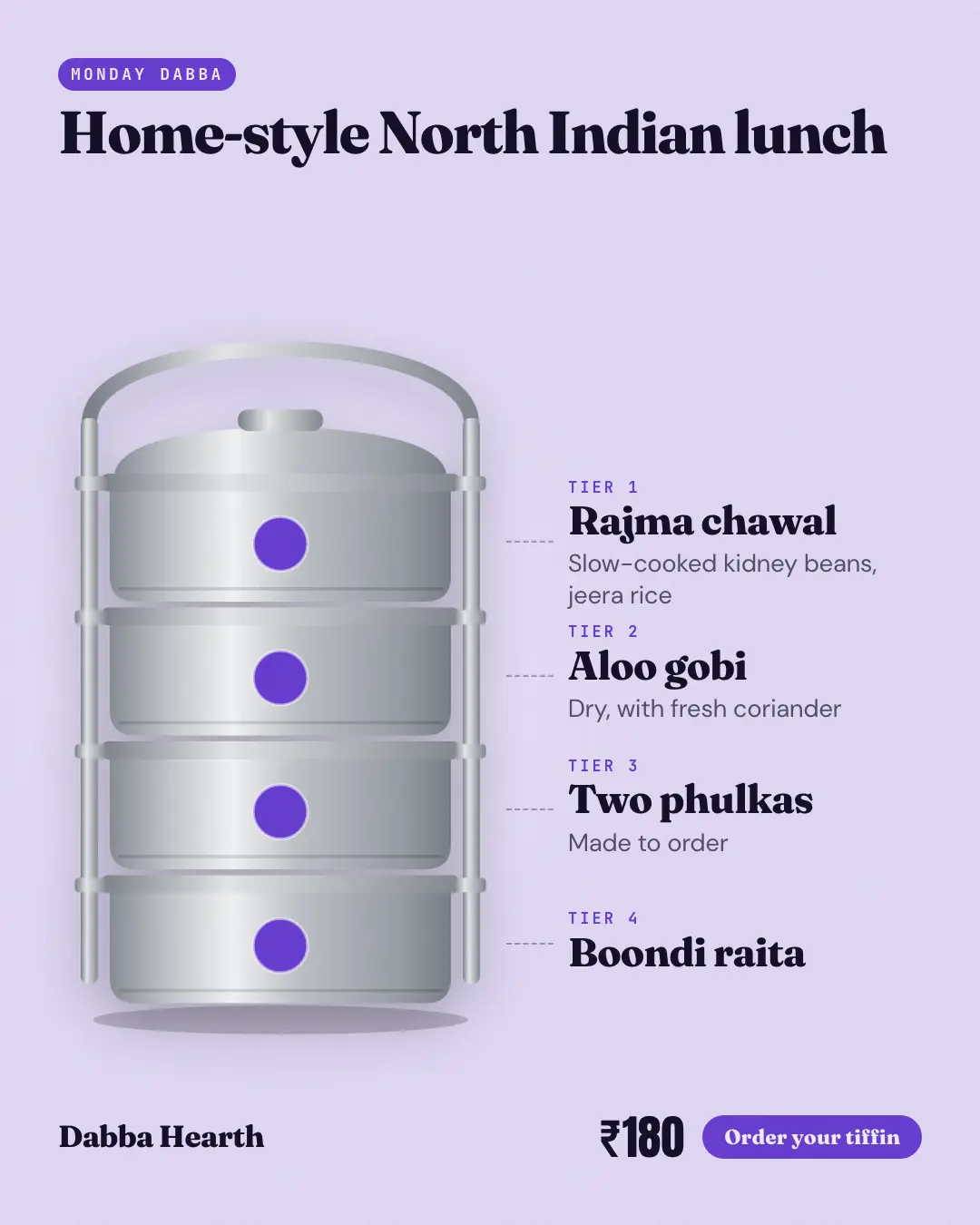 Sample Tiffin stack creative (Menus & dishes template), shown on the fictional brand Dabba Hearth