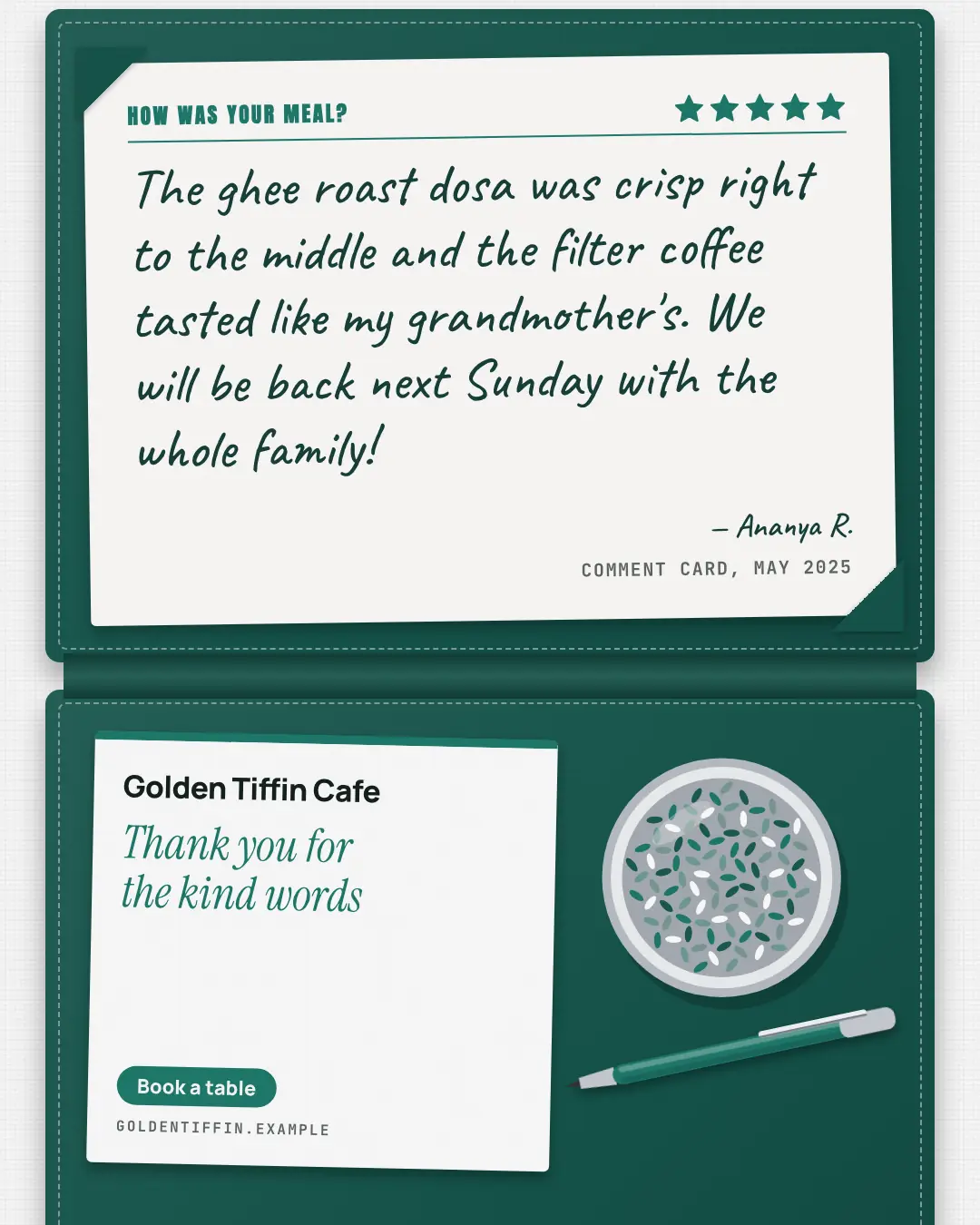 Sample Diner's note card creative (Café & restaurant life template), shown on the fictional brand Golden Tiffin Cafe