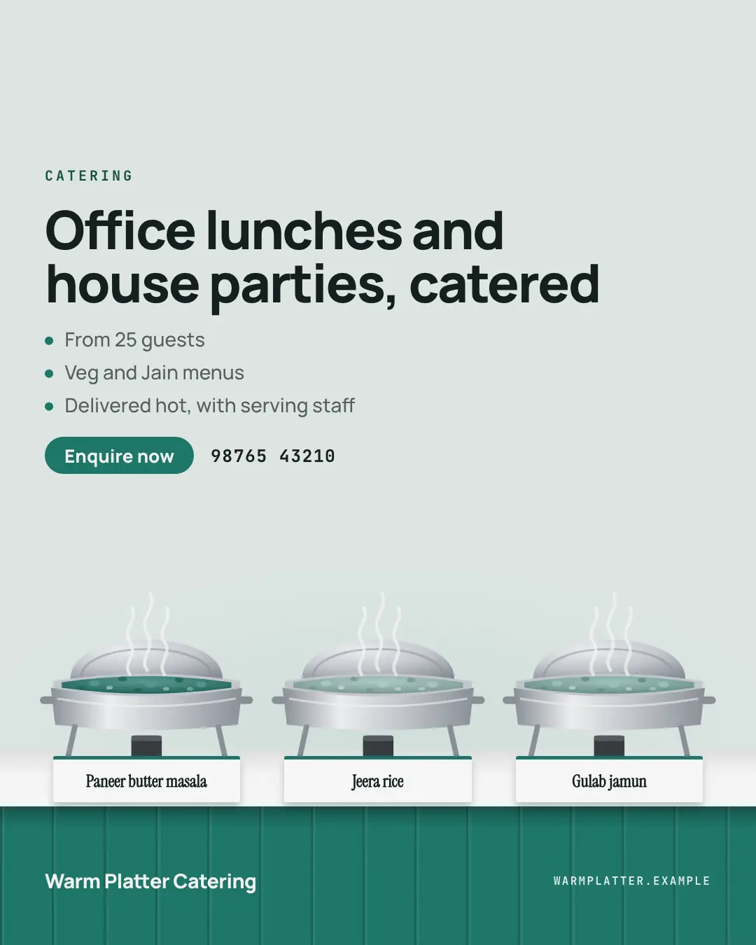 Sample Chafing-dish buffet creative (Café & restaurant life template), shown on the fictional brand Warm Platter Catering