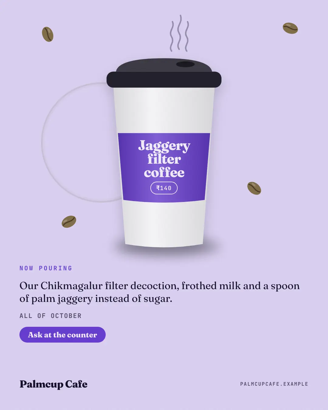 Sample To-go sleeve creative (Café & restaurant life template), shown on the fictional brand Palmcup Cafe