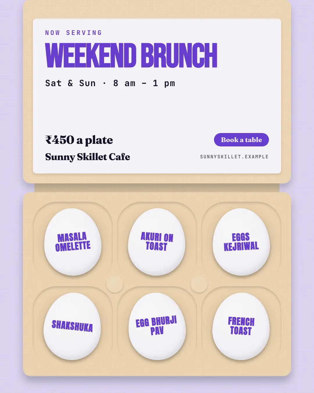 Sample Brunch egg box creative (Café & restaurant life template), shown on the fictional brand Sunny Skillet Cafe