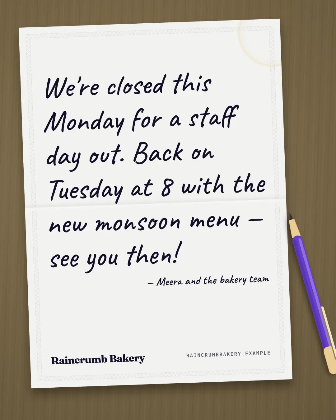 Sample Note on a napkin creative (Café & restaurant life template), shown on the fictional brand Raincrumb Bakery