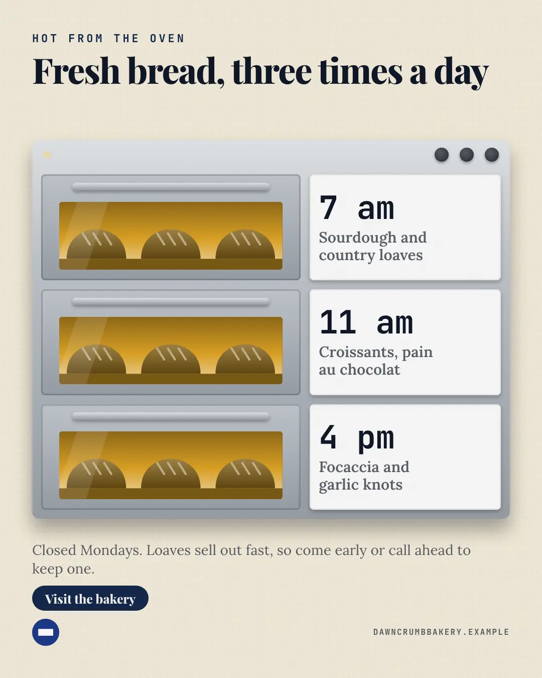 Sample Out of the oven creative (Café & restaurant life template), shown on the fictional brand Dawncrumb Bakery