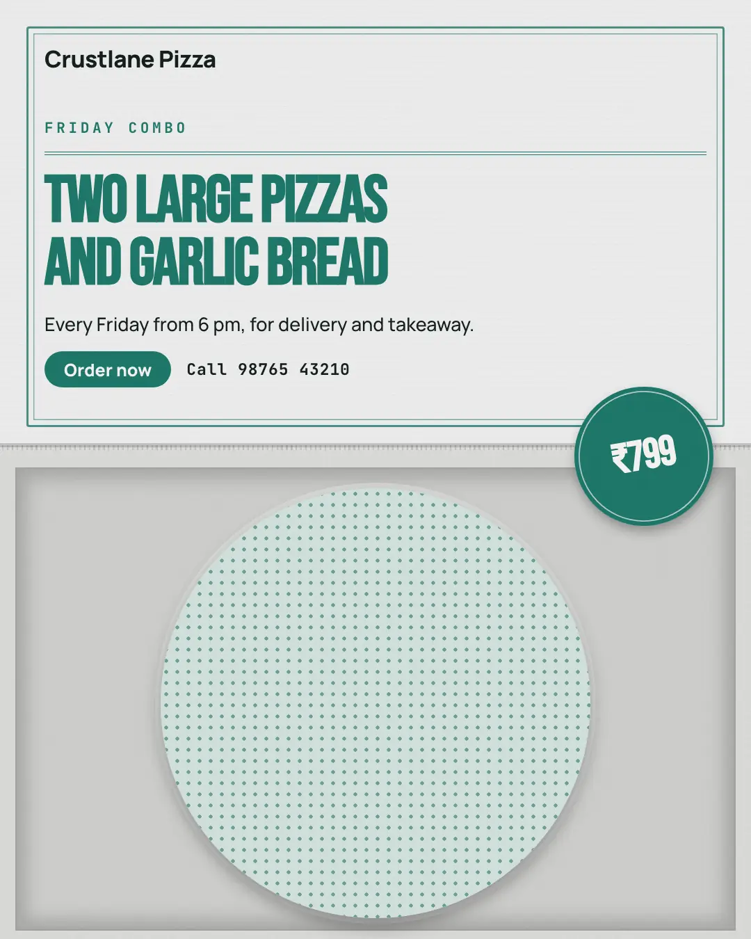 Sample Open pizza box creative (Café & restaurant life template), shown on the fictional brand Crustlane Pizza