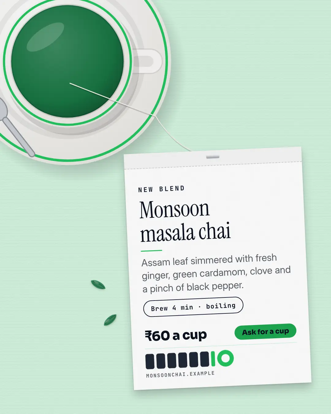 Sample Teabag card creative (Café & restaurant life template), shown on the fictional brand Monsoon Chai Room