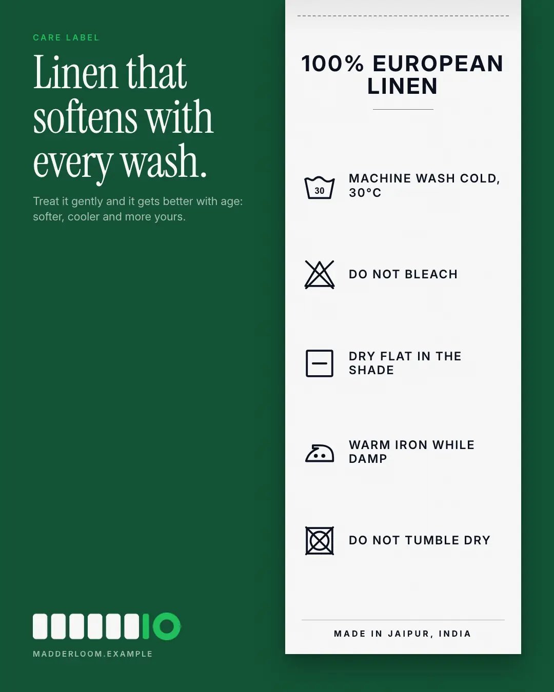 Sample Care label creative (Looks & fits template), shown on the fictional brand Madder Loom