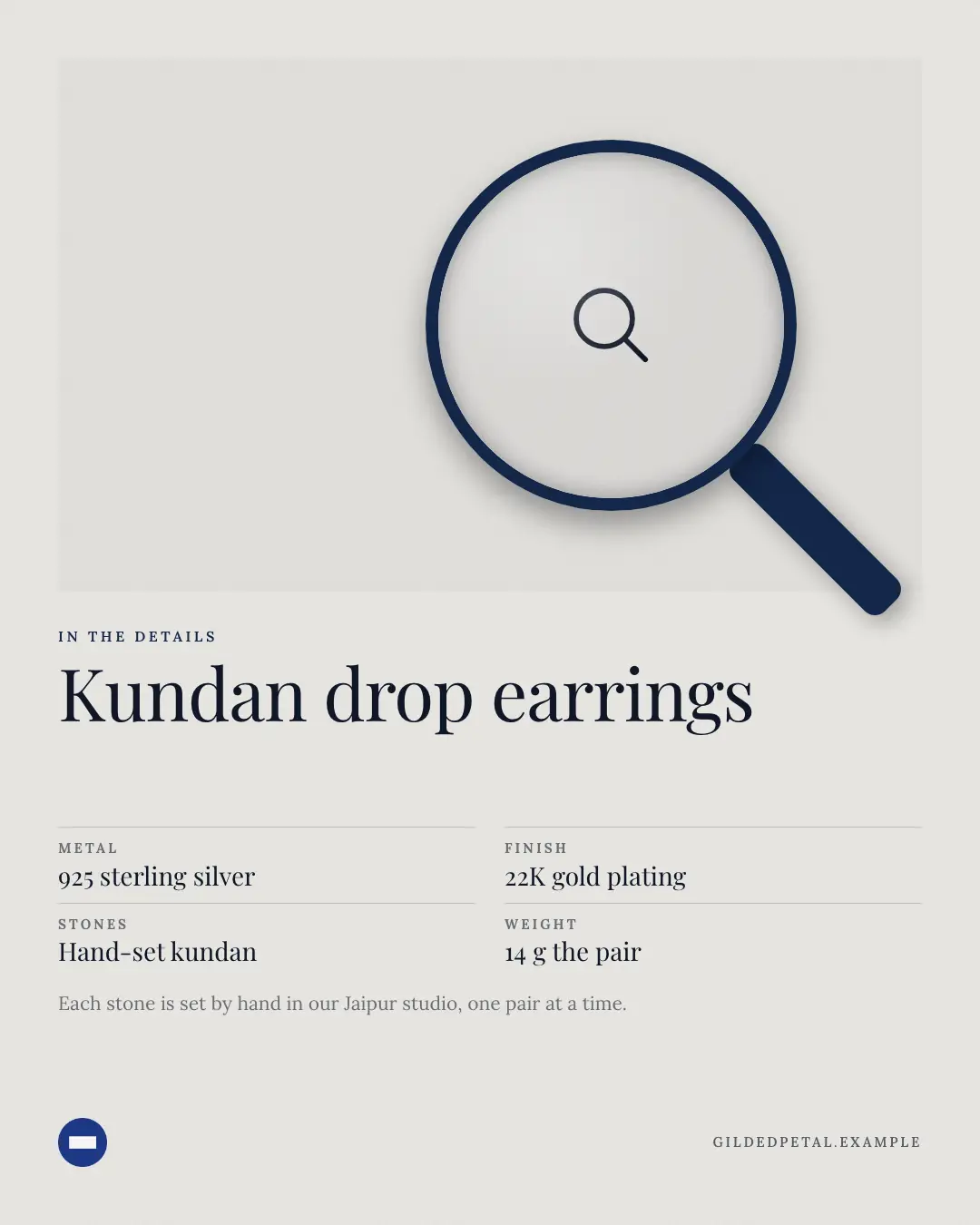 Sample Detail loupe creative (Looks & fits template), shown on the fictional brand Gilded Petal