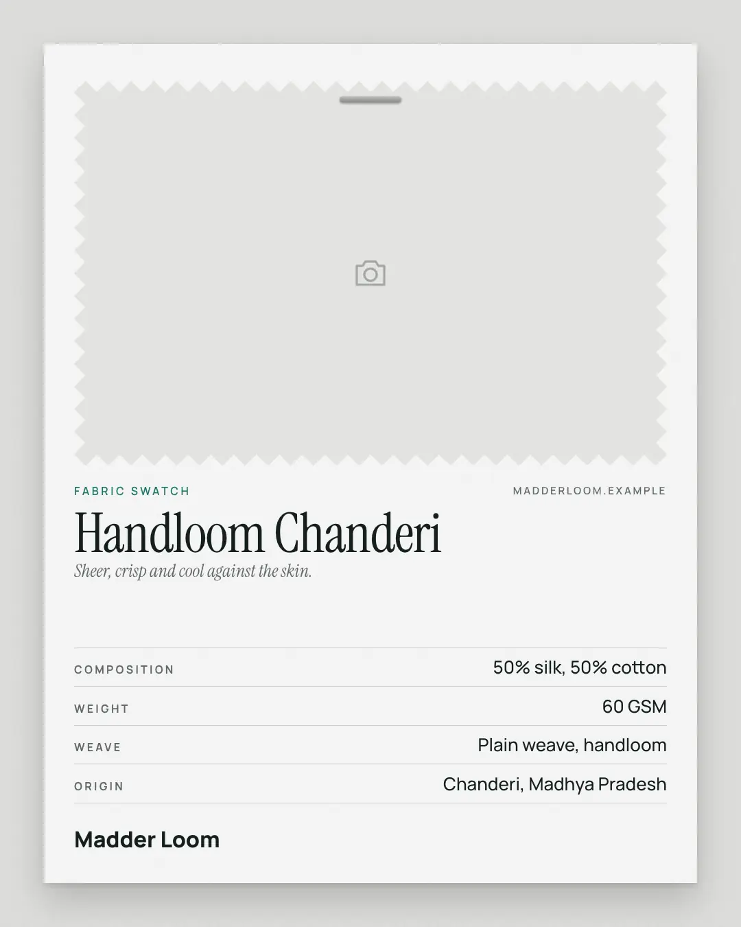 Sample Fabric swatch card creative (Looks & fits template), shown on the fictional brand Madder Loom