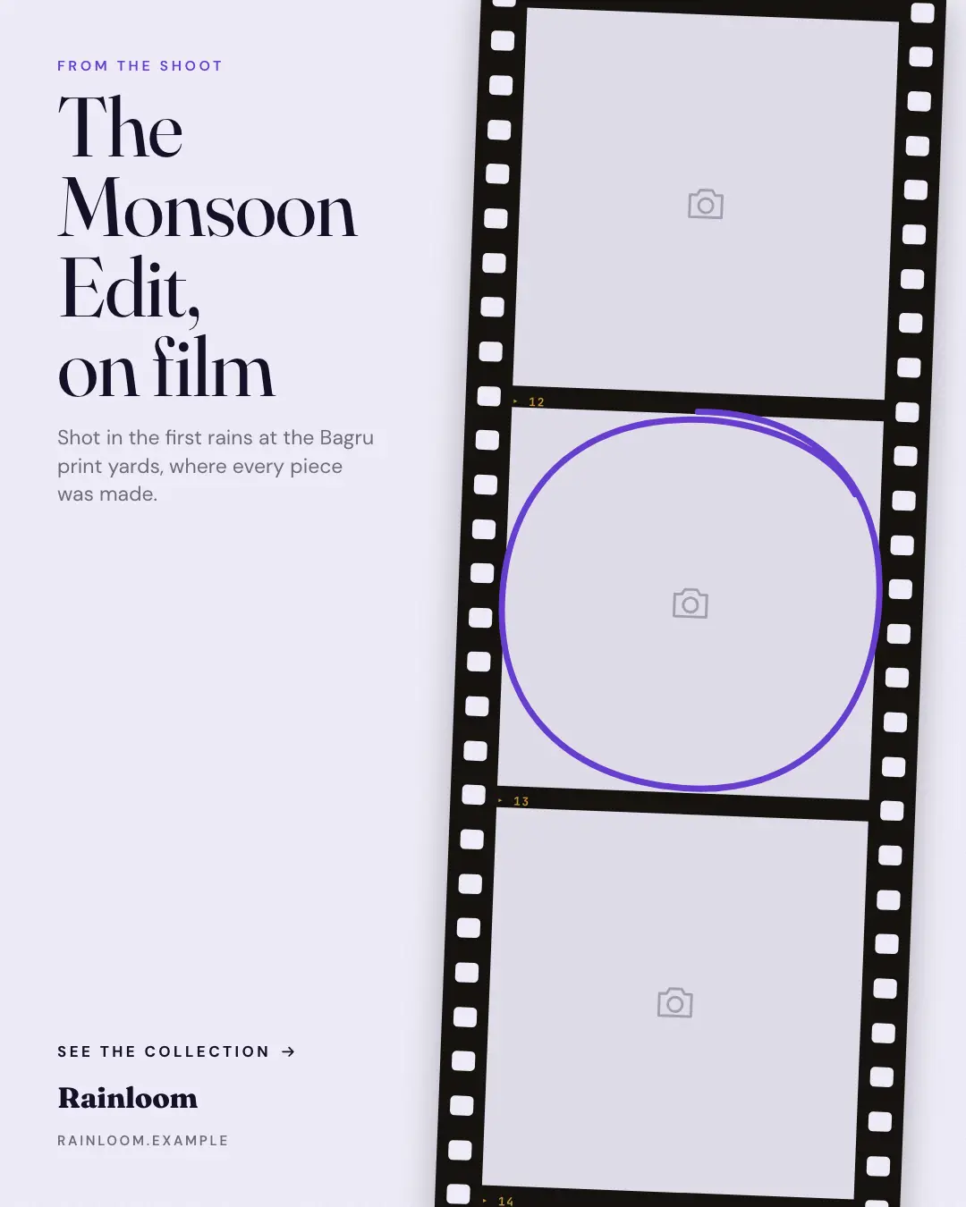 Sample Film strip creative (Looks & fits template), shown on the fictional brand Rainloom