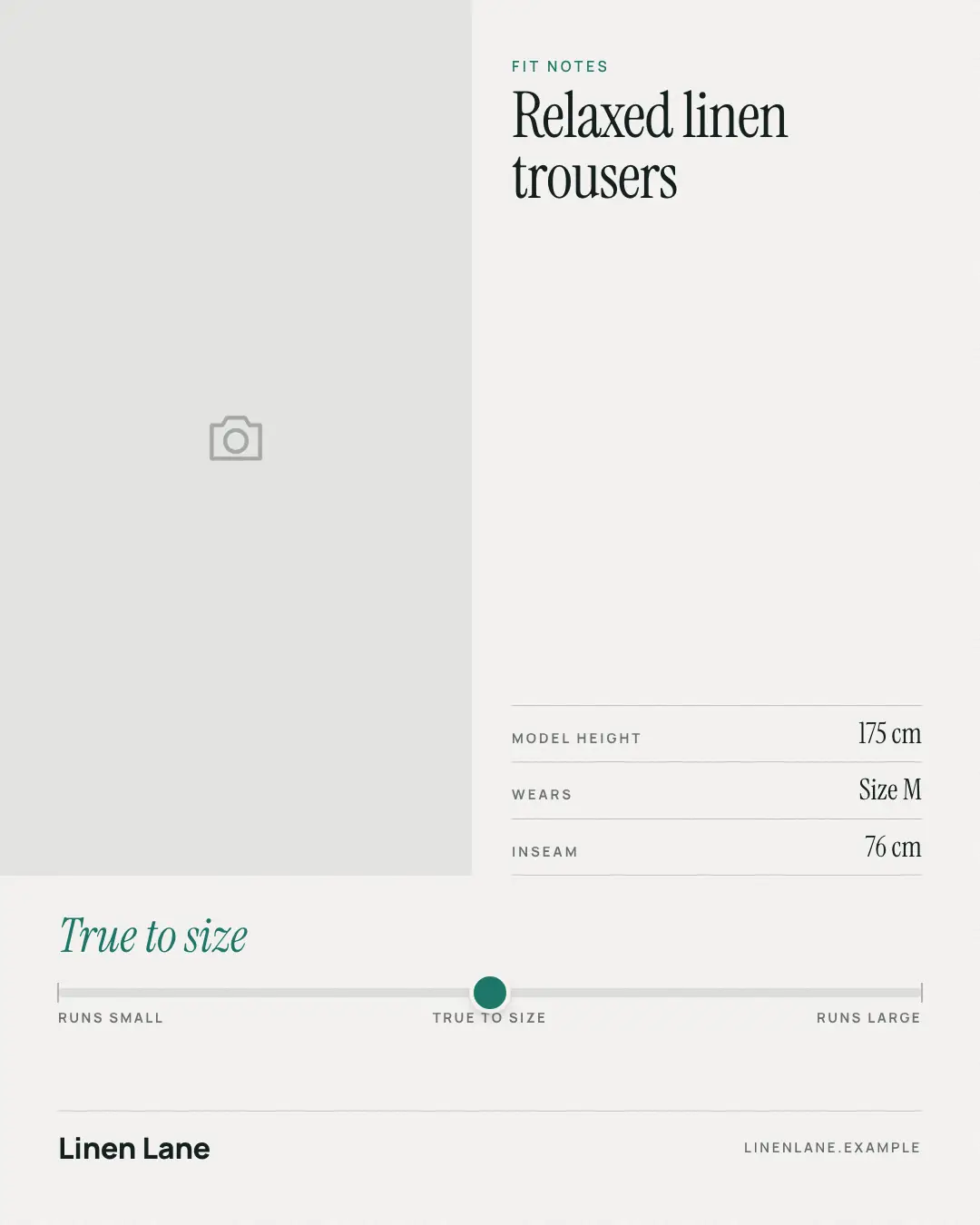 Sample Fit notes creative (Looks & fits template), shown on the fictional brand Linen Lane
