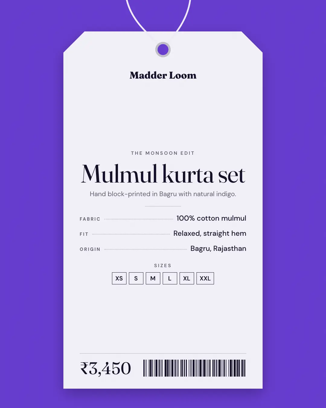 Sample Hang tag creative (Looks & fits template), shown on the fictional brand Madder Loom