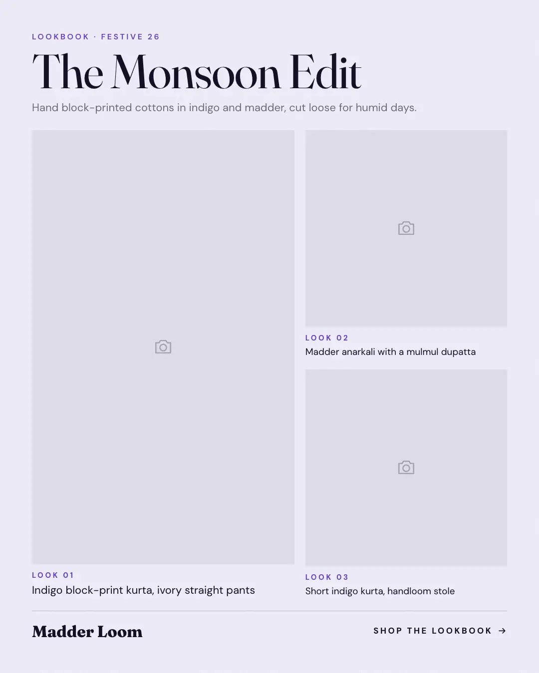 Sample Lookbook creative (Looks & fits template), shown on the fictional brand Madder Loom