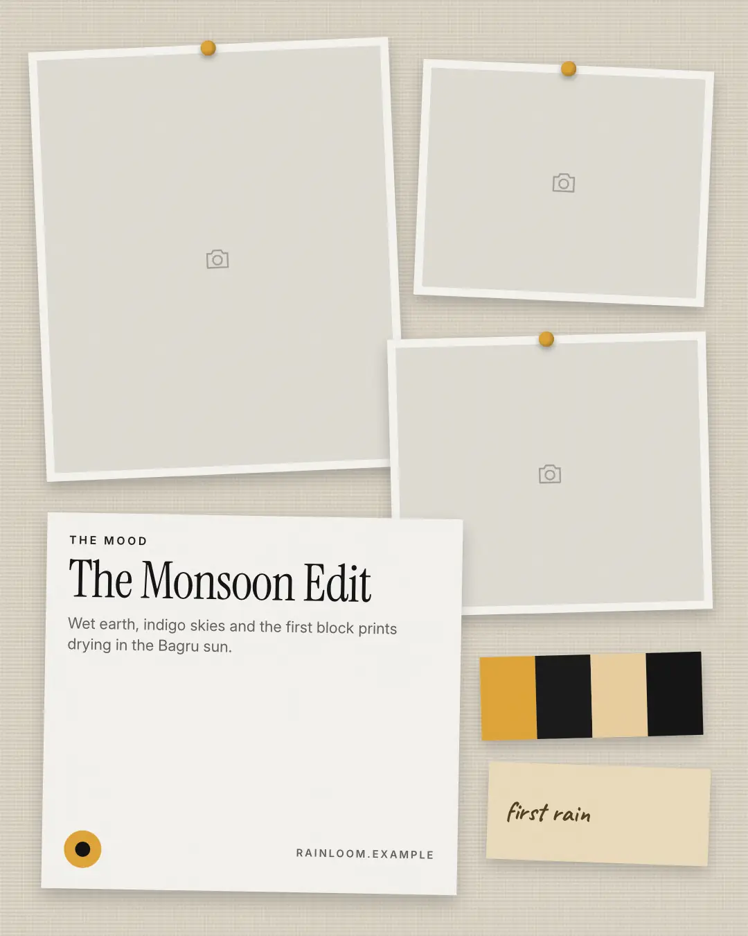 Sample Mood board creative (Looks & fits template), shown on the fictional brand Rainloom