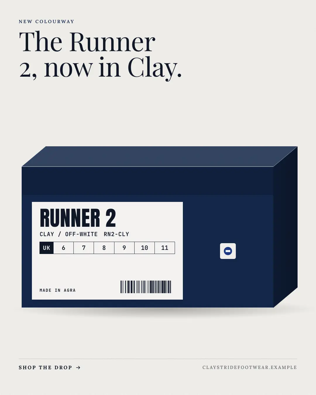 Sample Shoe-box label creative (Looks & fits template), shown on the fictional brand Claystride Footwear