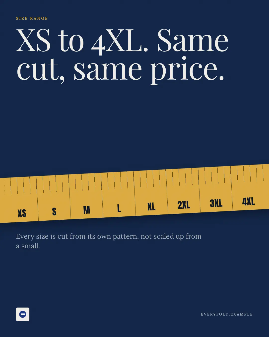 Sample Size range creative (Looks & fits template), shown on the fictional brand Everyfold