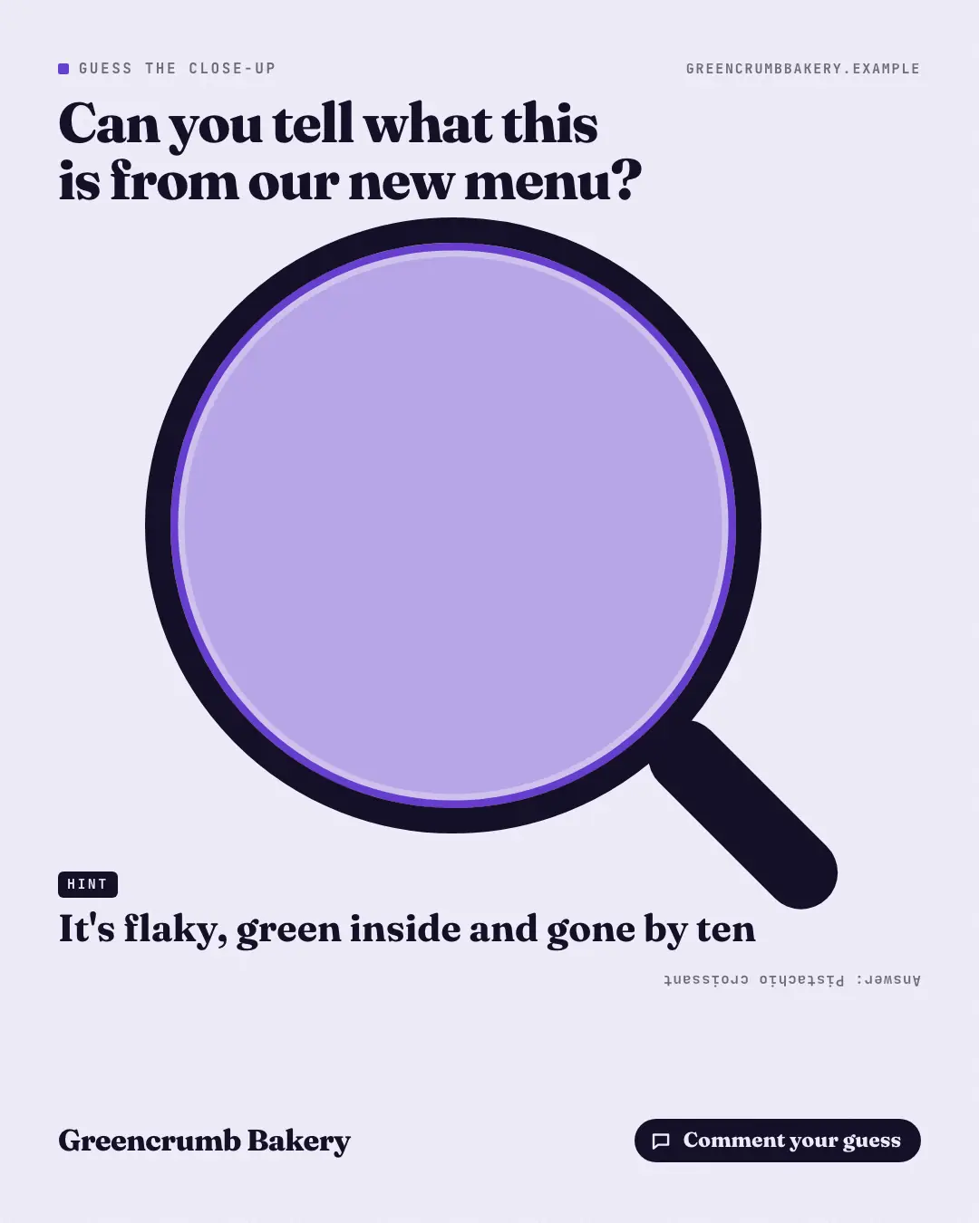 Sample Guess what it is creative (Puzzles & brain-teasers template), shown on the fictional brand Greencrumb Bakery