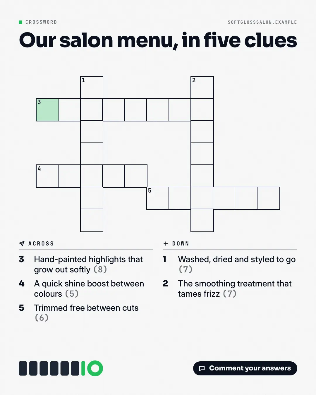 Sample Crossword creative (Puzzles & brain-teasers template), shown on the fictional brand Softgloss Salon