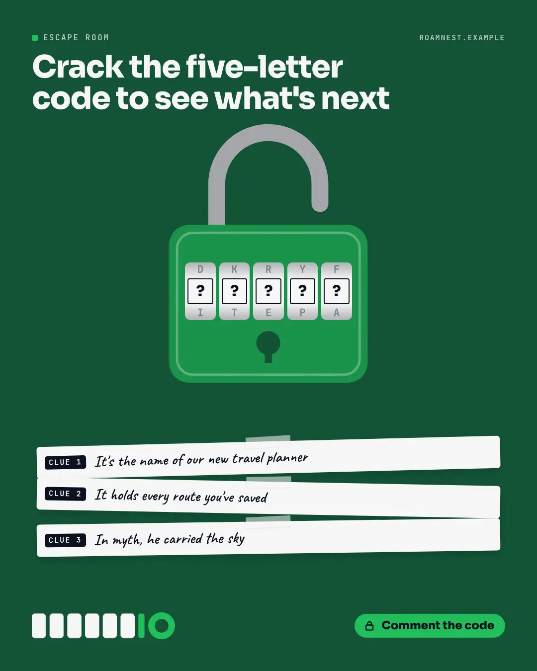Sample Padlock puzzle creative (Puzzles & brain-teasers template), shown on the fictional brand Roamnest