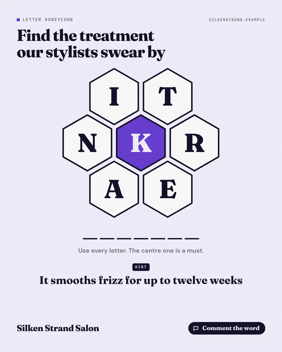 Sample Word honeycomb creative (Puzzles & brain-teasers template), shown on the fictional brand Silken Strand Salon