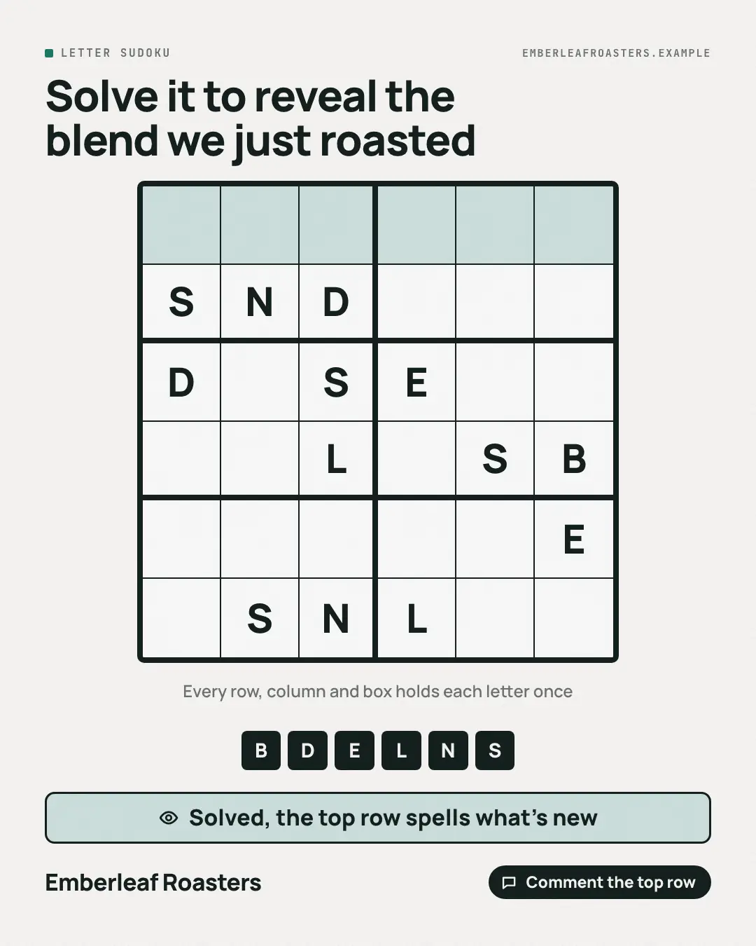 Sample Word sudoku creative (Puzzles & brain-teasers template), shown on the fictional brand Emberleaf Roasters
