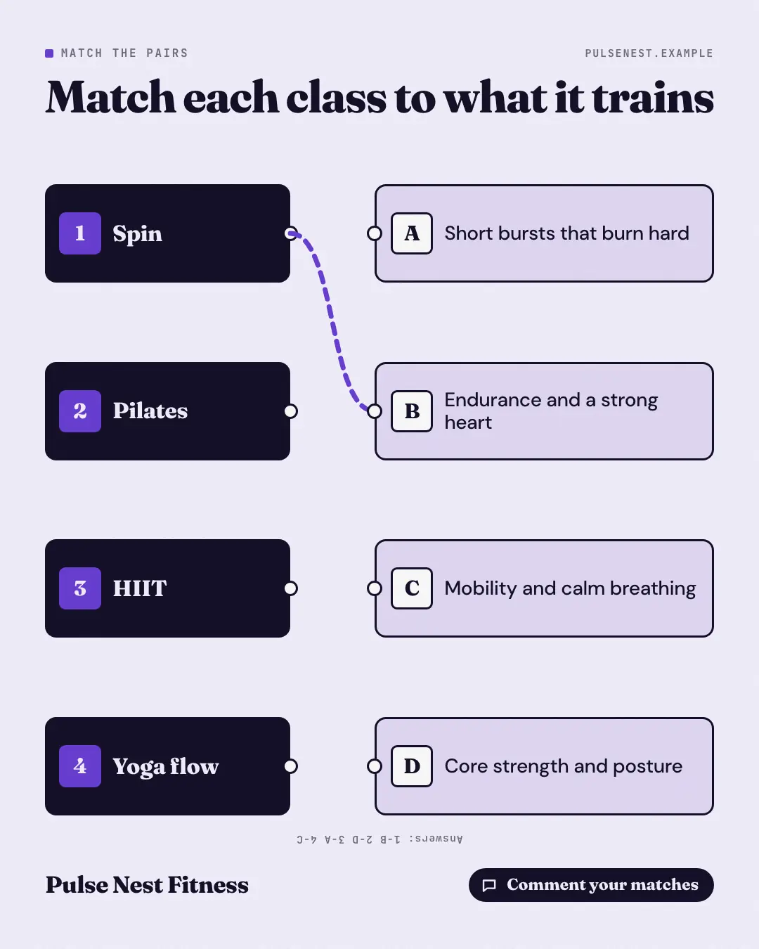 Sample Match the pairs creative (Puzzles & brain-teasers template), shown on the fictional brand Pulse Nest Fitness