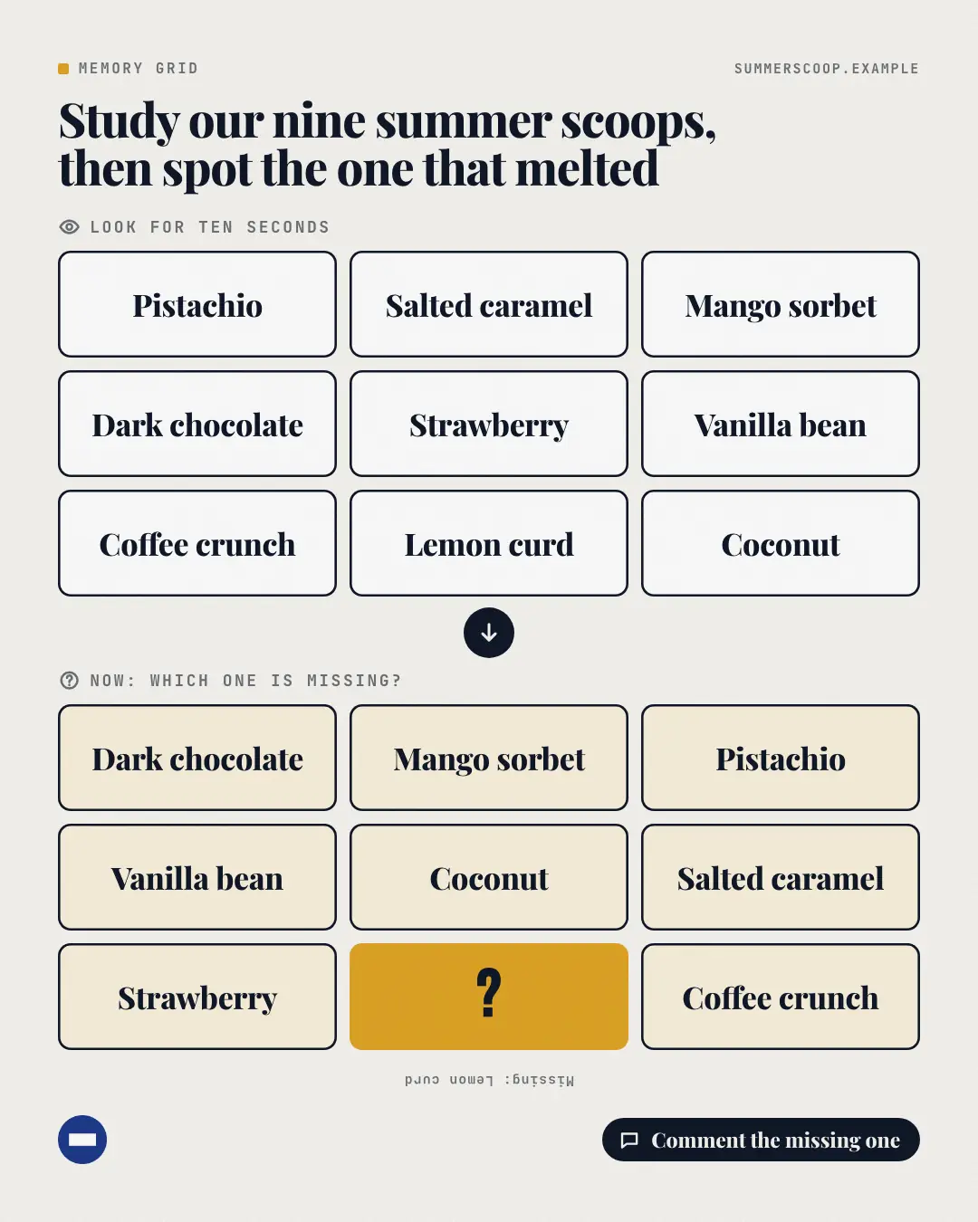 Sample Memory grid creative (Puzzles & brain-teasers template), shown on the fictional brand Summer Scoop House