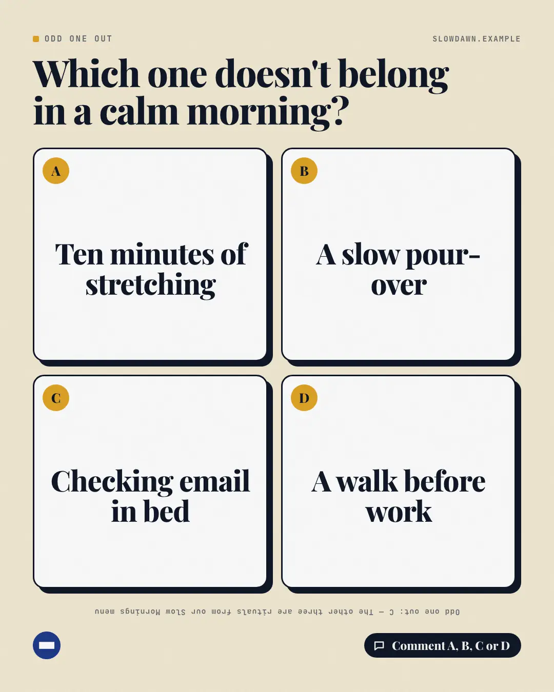 Sample Odd one out creative (Puzzles & brain-teasers template), shown on the fictional brand Slow Dawn Wellness