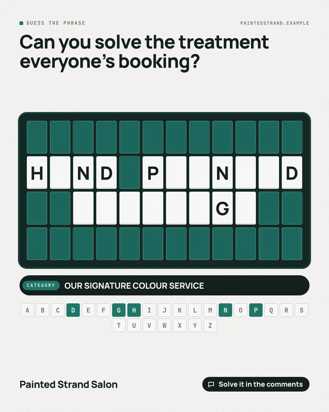 Sample Guess the phrase board creative (Puzzles & brain-teasers template), shown on the fictional brand Painted Strand Salon