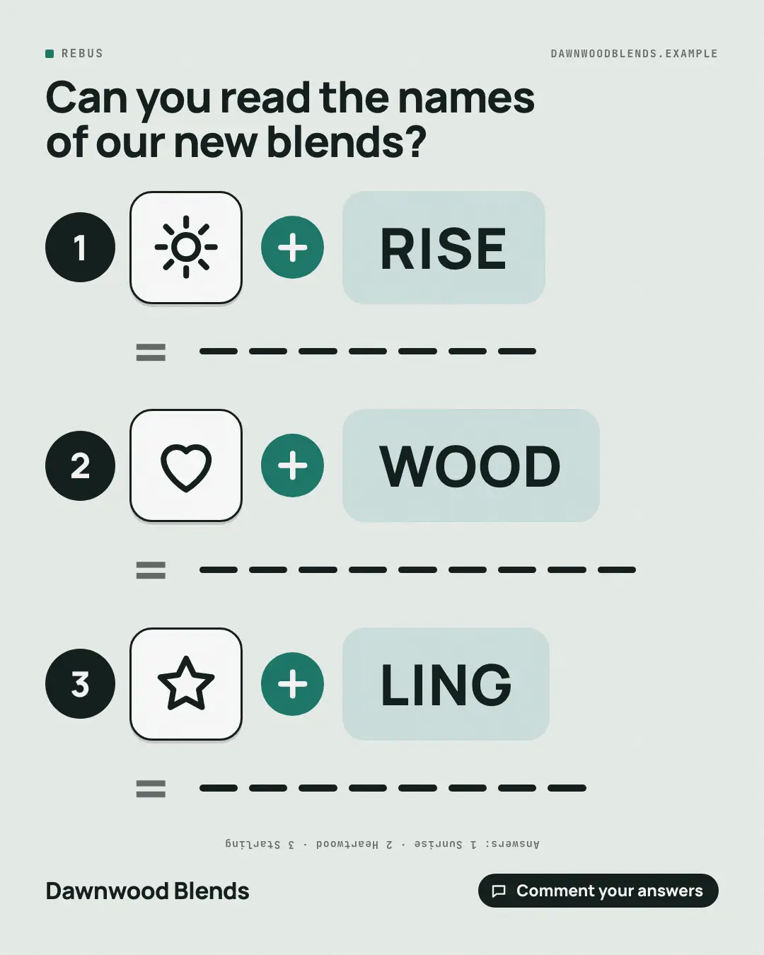 Sample Rebus creative (Puzzles & brain-teasers template), shown on the fictional brand Dawnwood Blends