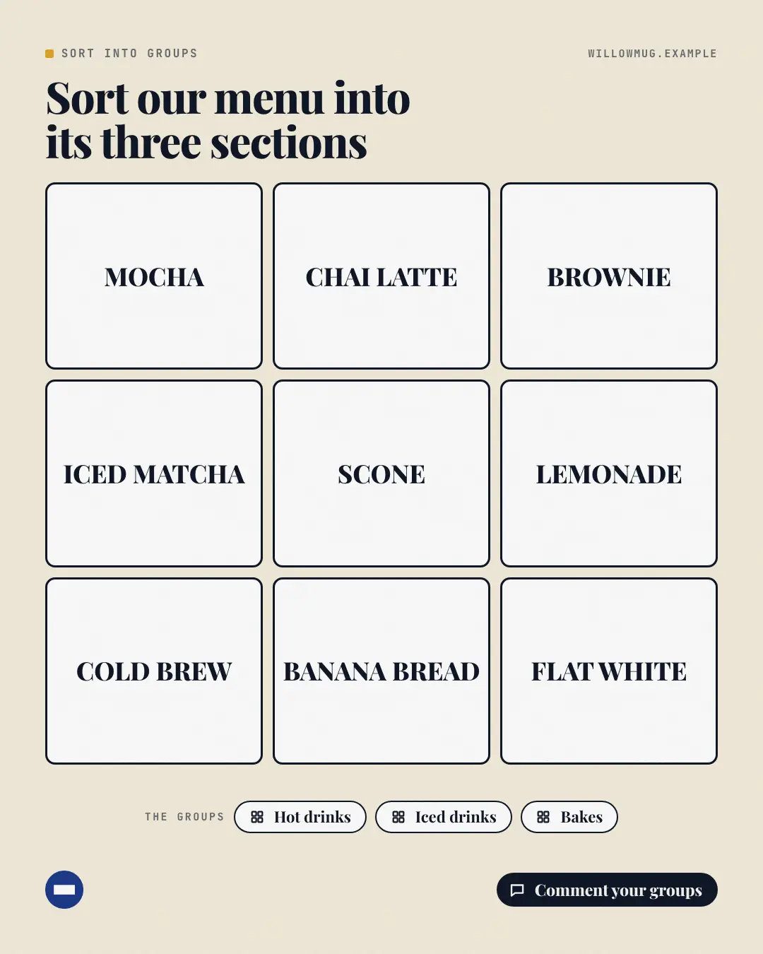 Sample Sort the words creative (Puzzles & brain-teasers template), shown on the fictional brand Willow Mug Cafe