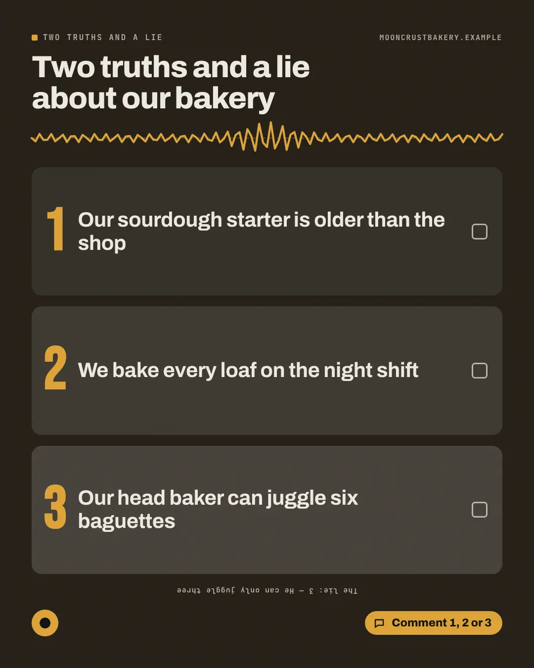 Sample Two truths and a lie creative (Puzzles & brain-teasers template), shown on the fictional brand Mooncrust Bakery