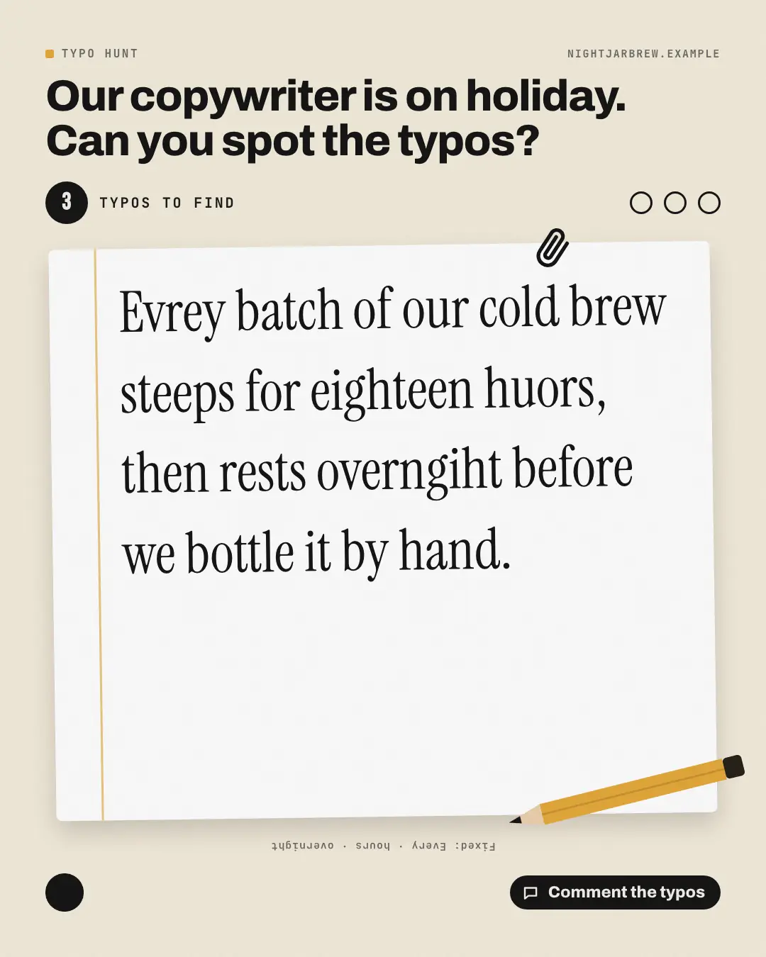Sample Typo hunt creative (Puzzles & brain-teasers template), shown on the fictional brand Nightjar Brew Co