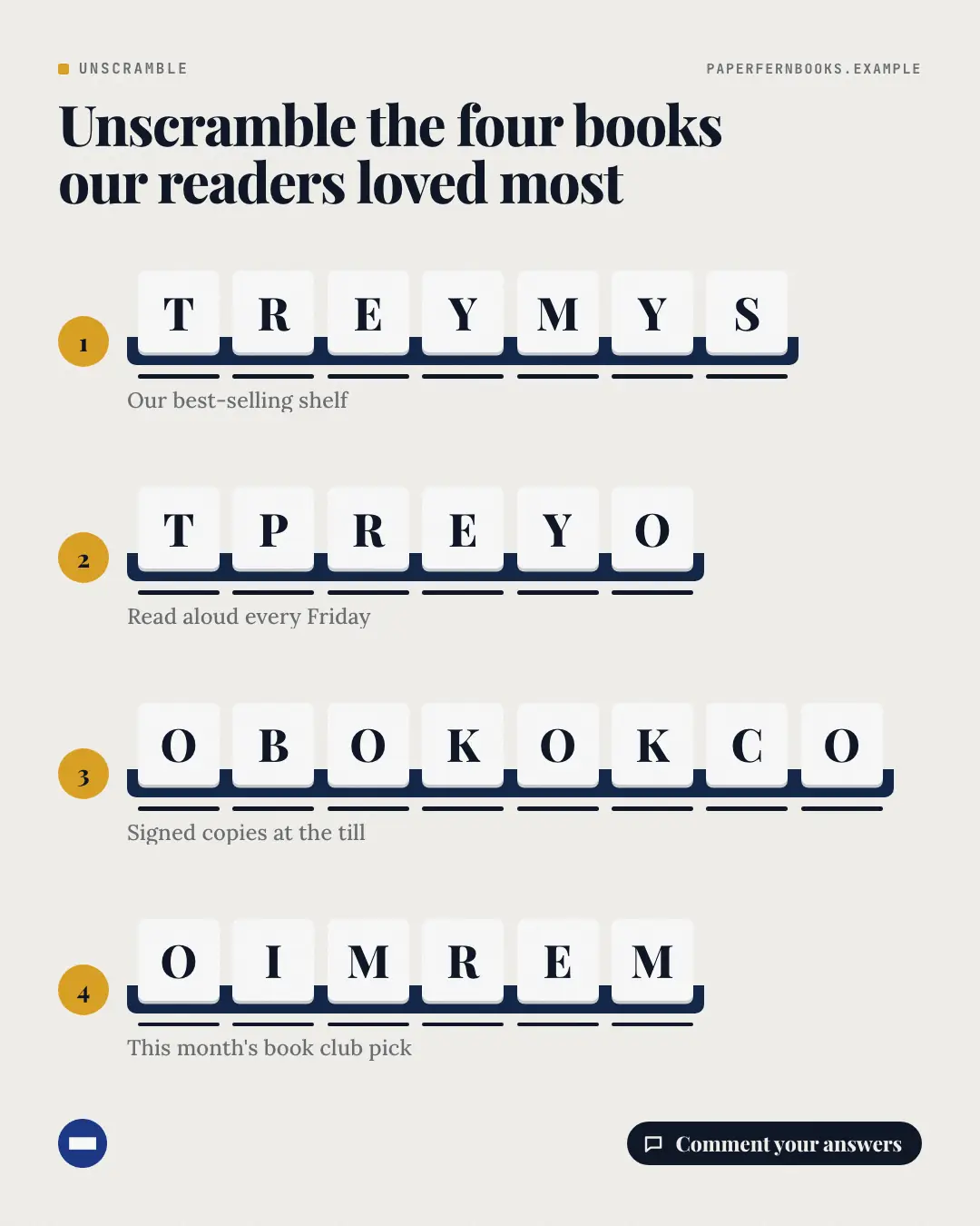 Sample Unscramble the words creative (Puzzles & brain-teasers template), shown on the fictional brand Paperfern Books