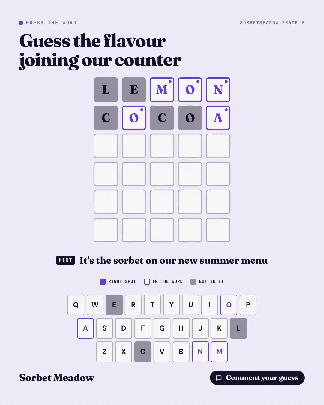 Sample Word guess creative (Puzzles & brain-teasers template), shown on the fictional brand Sorbet Meadow