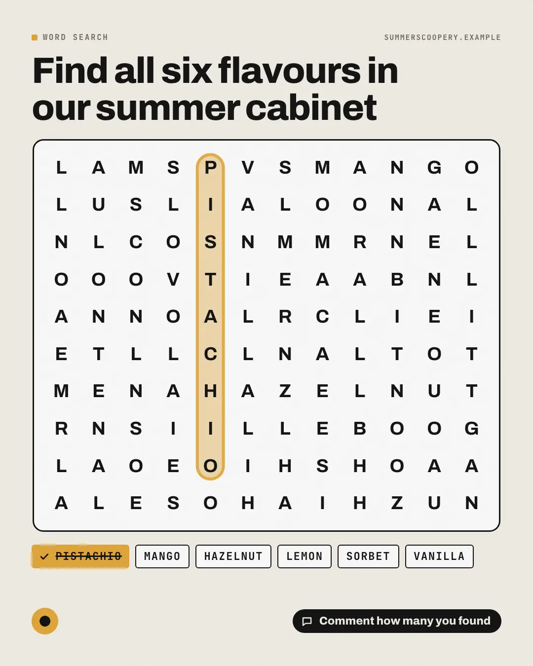 Sample Word search creative (Puzzles & brain-teasers template), shown on the fictional brand Summer Scoopery