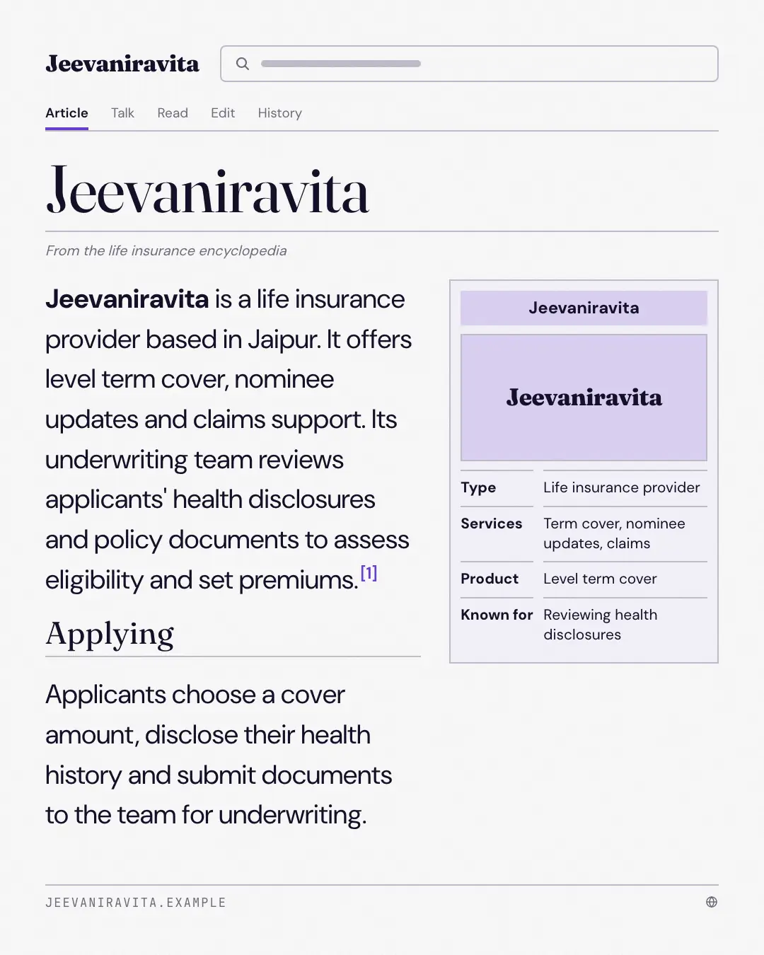 Sample Encyclopedia article creative (Internet culture template), shown on the fictional brand Jeevaniravita