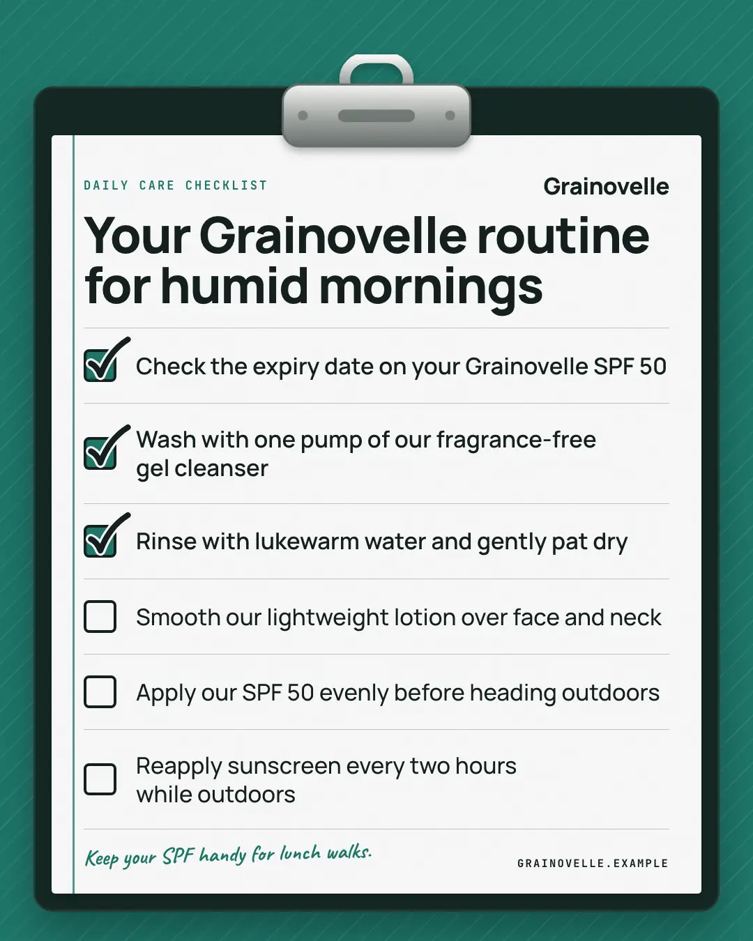 Sample Clipboard checklist creative (Lists & frameworks template), shown on the fictional brand Grainovelle