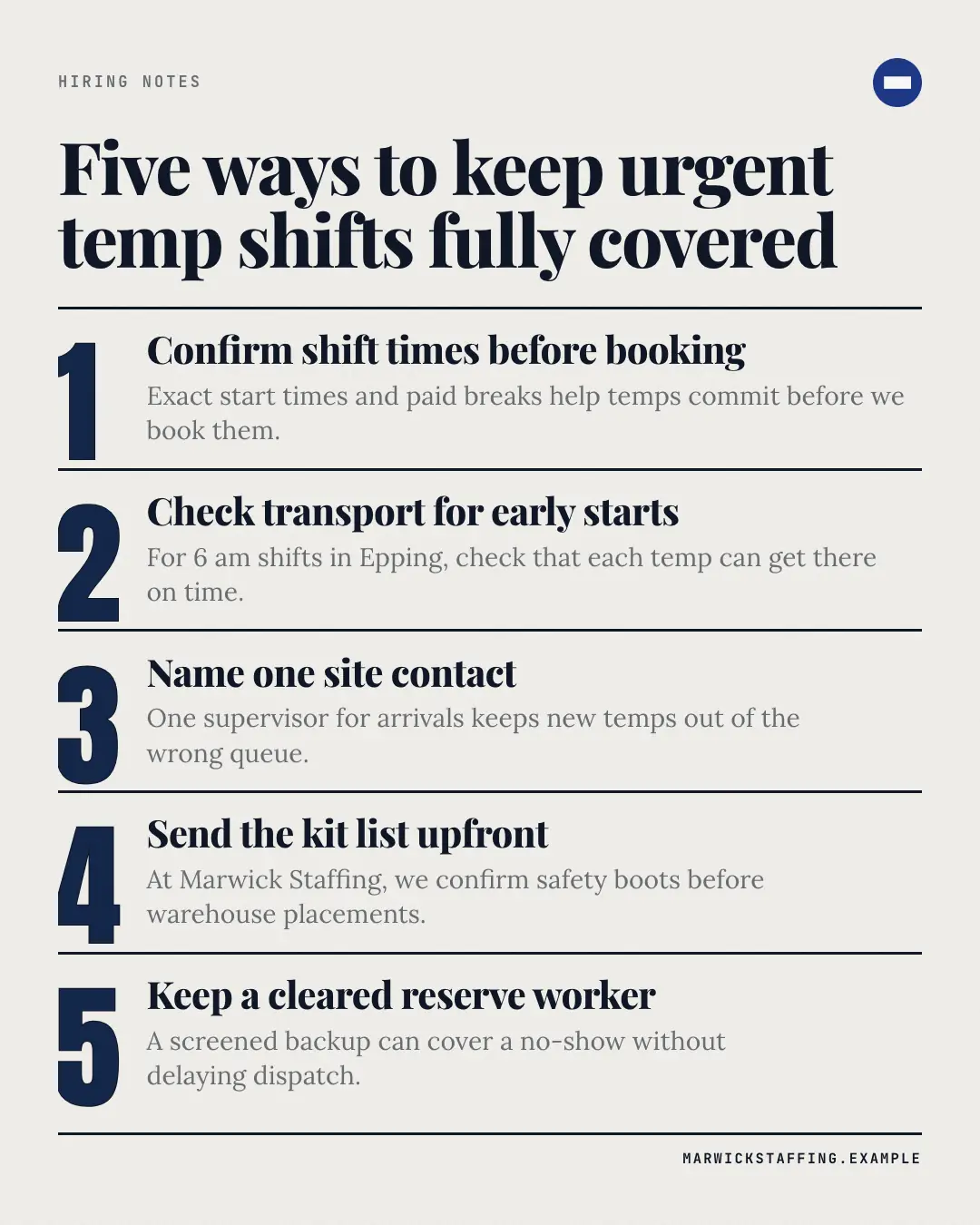 Sample Numbered tips creative (Lists & frameworks template), shown on the fictional brand Marwick Staffing