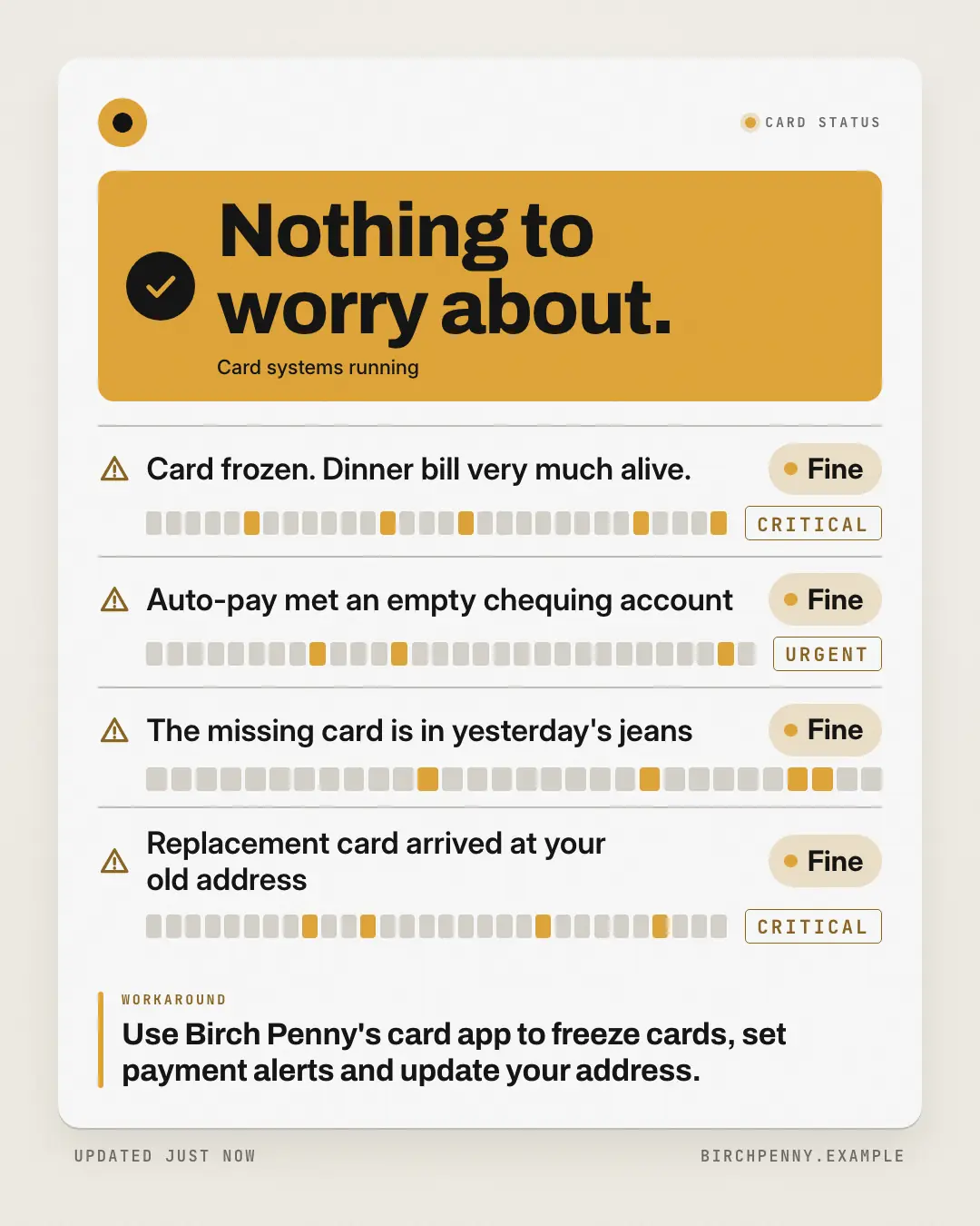 Sample Everything is fine creative (Meme template), shown on the fictional brand Birch Penny