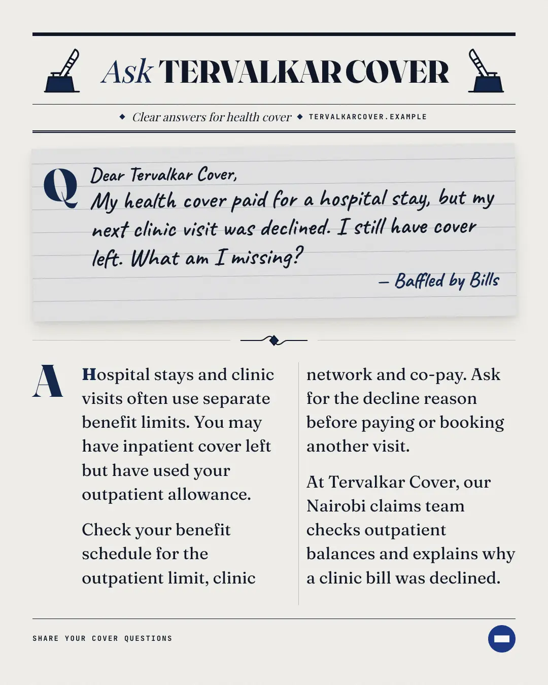 Sample Ask the expert column creative (News & media template), shown on the fictional brand Tervalkar Cover