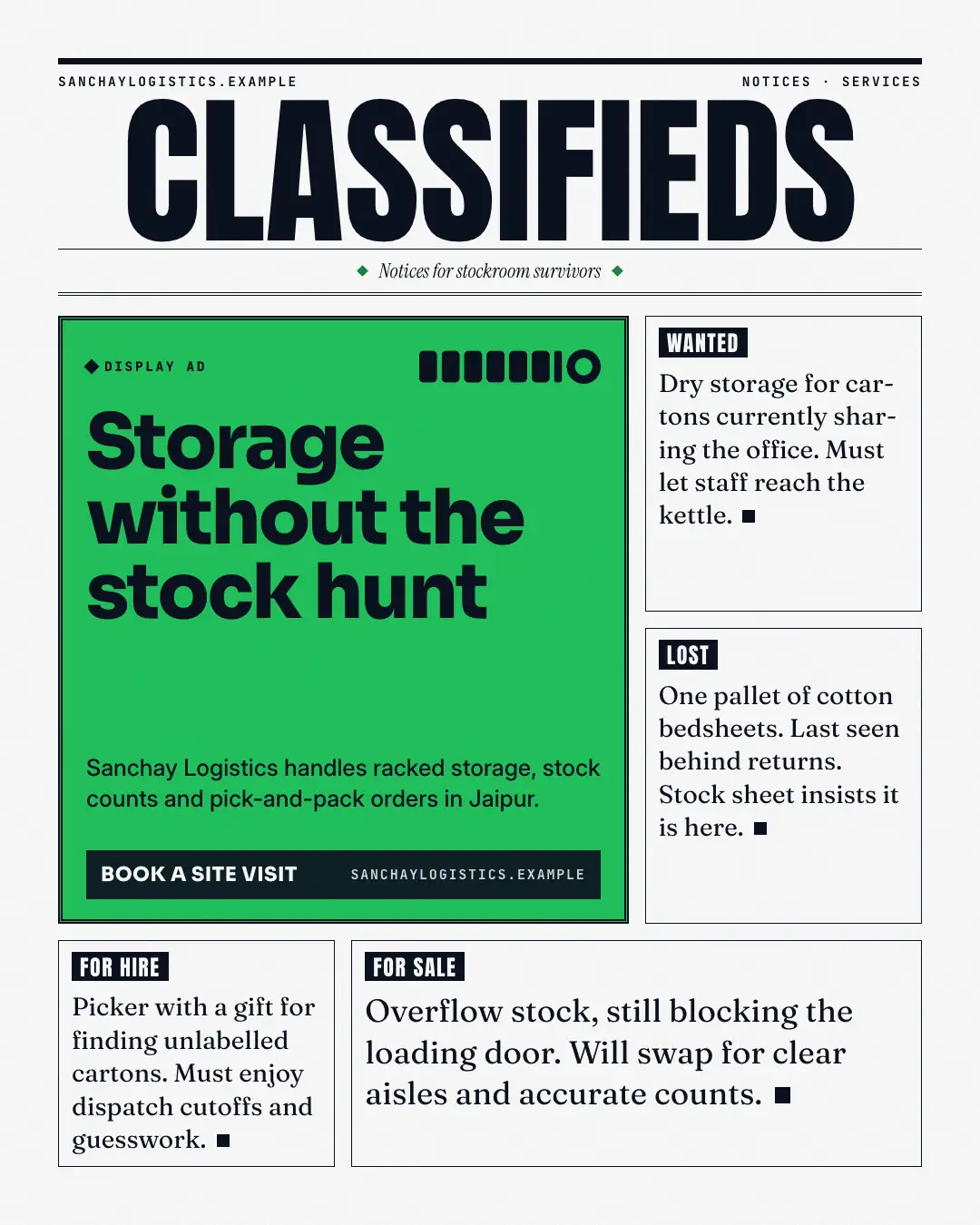 Sample Classified ads creative (News & media template), shown on the fictional brand Sanchay Logistics
